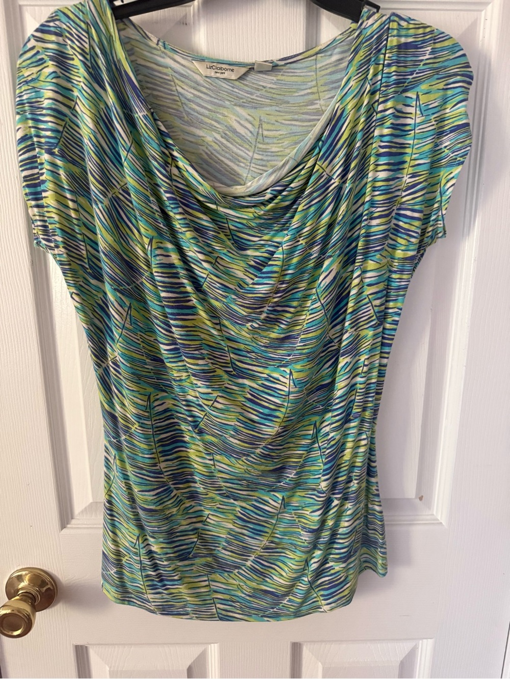 Liz Claiborne Blue & Green Draped Cowl Neck Top